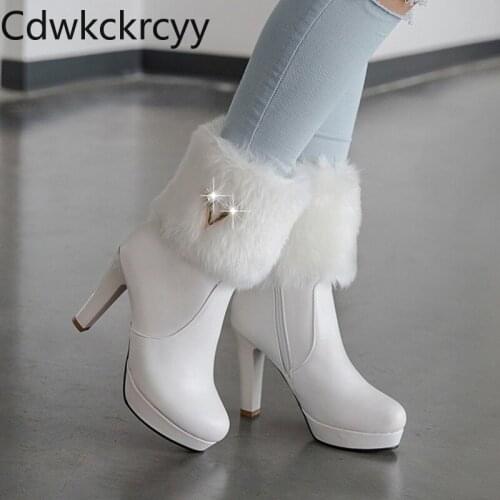 Winter The New fashion Round head Thick heel 10CM Martin boots white Rhinestone Sexy Plus velvet Keep warm High heel Women boots