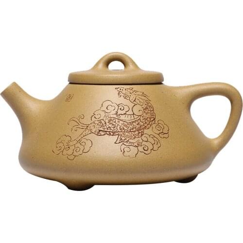 Golden Section Of Mud Carved Huiziye Stone Scoop Pot Zisha Teapot Yixing Handmade Pot Kung-fu Teaware Purple Clay Drinkware