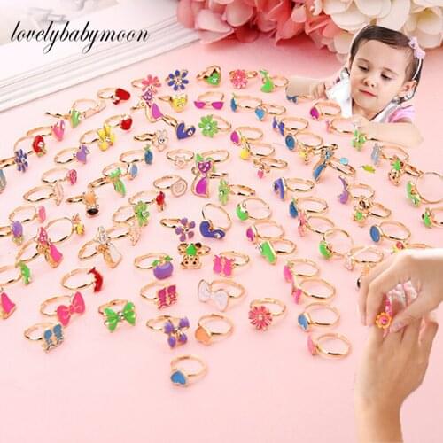 10/100 pcs Cute Animal Enamel Ring Adjustable Rings Children Girls Pretend Fashion Jewelry Toys Cartoon Crystal Jewelry Alloy