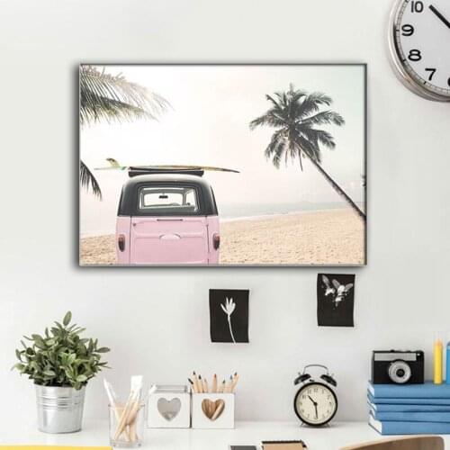 5D DIY diamond painting cross stitch full square diamond mosaic pink car bus coconut tree full circle diamond embroidery