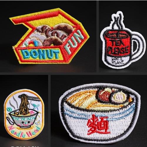 Foods Embroidery Applique patches doughnut hot tea Longevity noodles cartoon DIY Badge clothing Decorative ironing stickers
