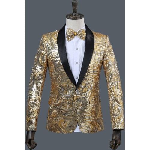 Gold Floral Sequin Blazer Men Shawl Collar Slim Fit Wedding Tuxedo Suit Blazer Jacket Men DJ Nightclub Performance Costume Homme
