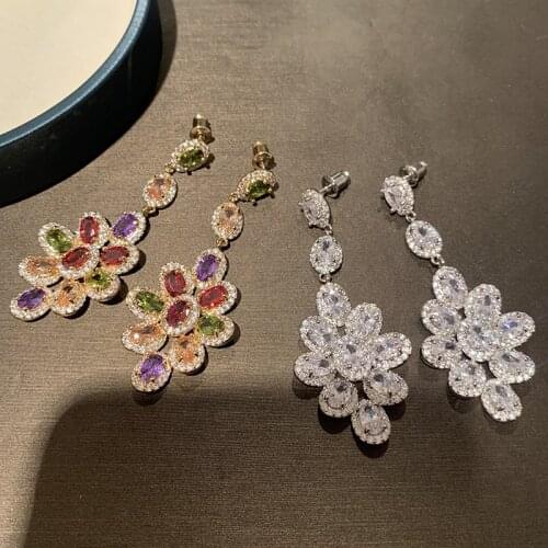 Retro Color Colorful Earrings Flower Water Drop AAA Zircon Tassel Crystal Exquisite Fashion Long Luxurious Jewelry For Women
