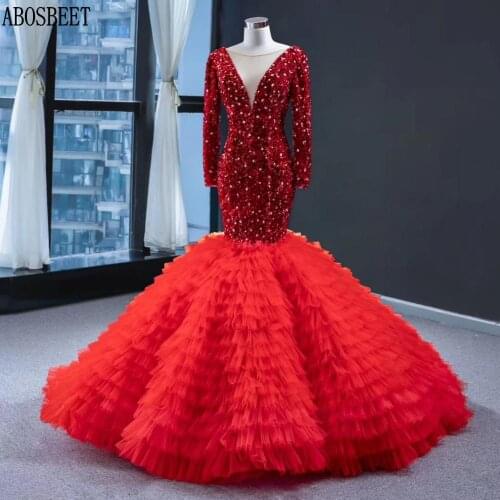 DD JYOY Luxury Long Sleeve Evening Dress 2020 Puffy Gown Red Mermaid Elegant Evening Gown Sexy V Neck Blingbling Sequined Beads