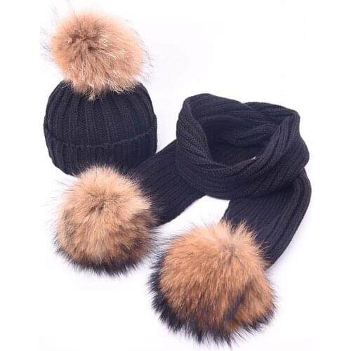 Children Kids Autumn Winter Hat Scarf Set Boys Girls Raccoon Fur Ball Hat Pom pom Beanies Baby Girls Warm Knitted Cap Scarf Set