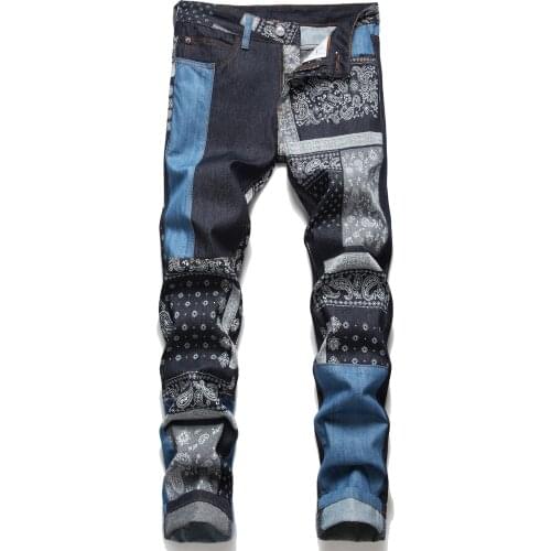 Paisley Pattern Patchwork Jeans Mens Fashion Flower Colored Painted Straight Denim Pants Blue Casual Trousers Streetwear