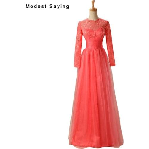Elegant Coral A-Line O Neck Long Sleeves Lace Evening Dresses 2017 Formal Women Party Prom Gowns vestidos madrinha de casamento