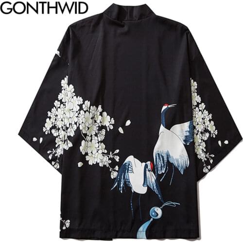GONTHWID Japanese Girls Cherry Blossoms Print Kimono Cardigan Jackets Streetwear Hip Hop Casual Open Front Coats Shirts Tops Men