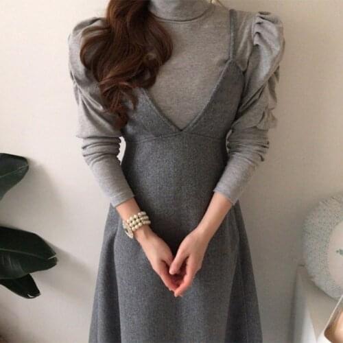 Korean Style Two Piece Outfits Long Sleeve Turtleneck Bottoming Tops and High Waist Strap Long Dress Elegant 2 Piece Sets