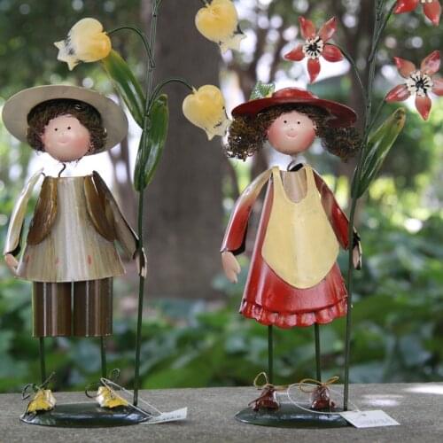 Metal Dolls Boy And Girl Garden Figures Home Decor 29*8*14CM