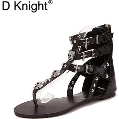 Fashion Womens Gladiator Sandals New 2018 Lady Summer Casual Flip Flops Sexy Ankle Strap Back Zipper Skull Rivet Rome Sandals