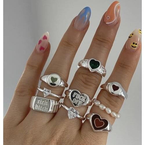 New Fashion Vintage Oil Heart Rings Set for Women Fashion Pink Green Color Resin Flower Love Heart Ring Wholesale Jewelry