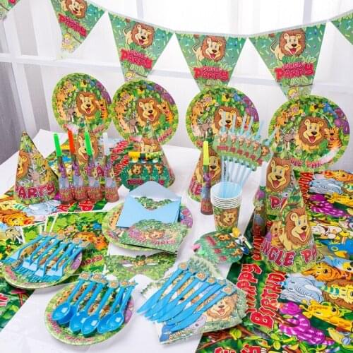 Jungle Animals Theme Birthday Party Supplies Childrens Party Disposable Tableware Set Plates Cups Triangular Flag Banner