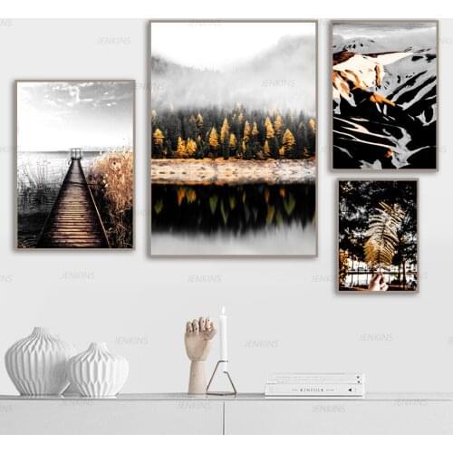 Nordic Wall Art Snow Bridge River Lake Mountain Forest Canvas Painting Posters Prints Room Decor Pictures Home Decoration