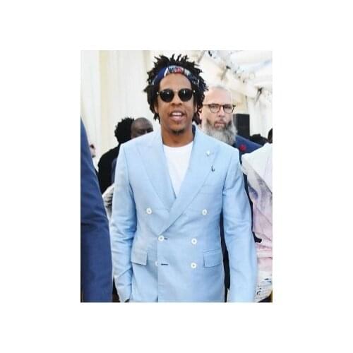 New Fashion High Quality Double Breasted Light Blue Groom Tuxedos Peak Lapel Groomsmen Men Blazers Suits (Jacket+Pants+Tie)