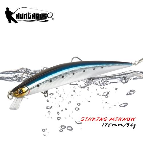 Hunthouse Minnow Fishing Lure Laser Hard Artificial Bait 175mm 34g Slow Sinking Plastic Big Fake Fish Lures Sea Fishing Bait