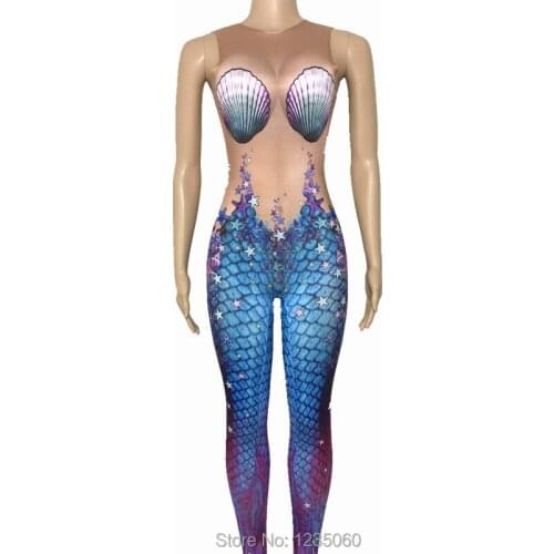 Sexy Blue Mermaid Jumpsuit Sleeveless Big Stretch Nude Bodysuit Stage Performance Party Dance outfit