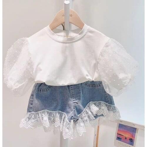 Girls Mesh Puff Sleeve T-shirt and Pants Outfits Summer Child Kids Short Sleeve Tops and Lace Patched Denim Pants Clothing Sets