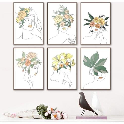 Modern Abstract Wall Art Canvas Painting Flower Leaf Girl Line Body Nordic Posters And Prints Wall Pictures Living Room Decor