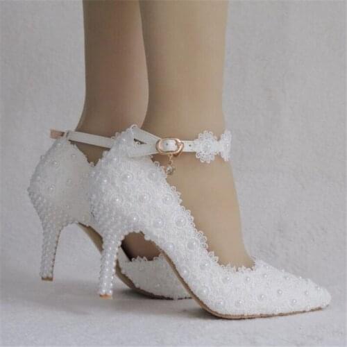 White lace heels wedding shoes bridal party shoes womens high heel shoes bridal shoes plus size 34-41
