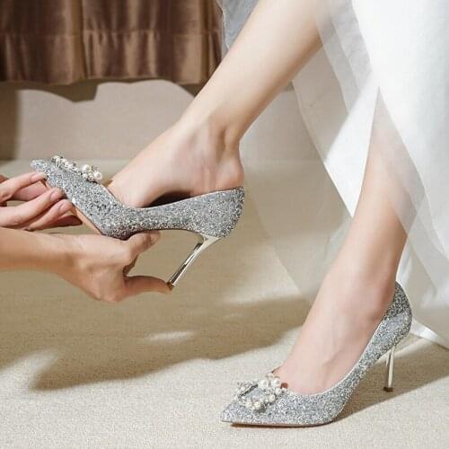Wedding Shoes Women New Wedding Bridal Shoes Silver Color Annual Meeting High Heels Thin Heeled Sequined Wedding Crystal Shoes
