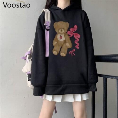 Spring Autumn Japanese Gothic Cartoon JK Hoodies Harajuku Women Cute Lolita Strawberry Bear Hooded Sweatshirts Girly Punk Coats