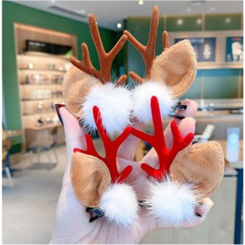 A Pair of Cute Christmas Cartoon Antler Hair Ball Hairpin Fashion Sweet Girl Hair Accessories Hairpin Christmas Party Gift