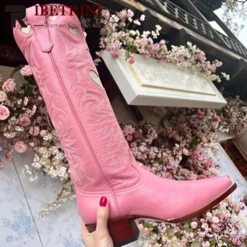 Female Western Boots For Women Autumn Comfy Casual Med Calf 2021 New Arrivasl Hot Sale Slip On womens Shoes heart-shaped Design