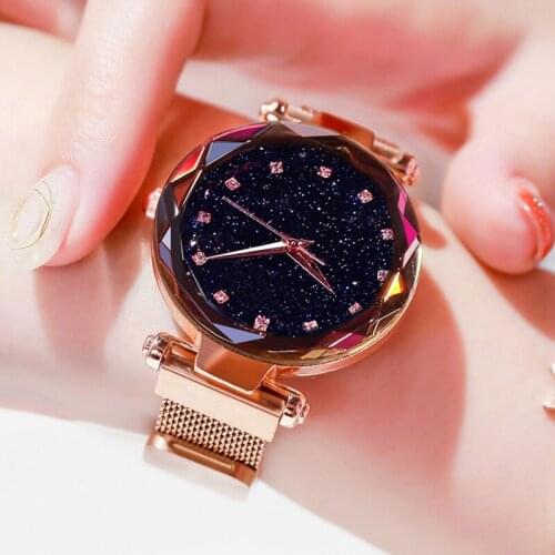 Top Brand Watches For Women Rose Gold Mesh Magnet Buckle Starry Quartz Watch Geometric Surface Casual Women Quartz Wristwatch