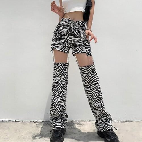 Echoine Zebra Striped Casual Pants Women Sweatpants Streetwear Shot Metal Chain Hollow Out High Waist Casual Pantacourt Autumn