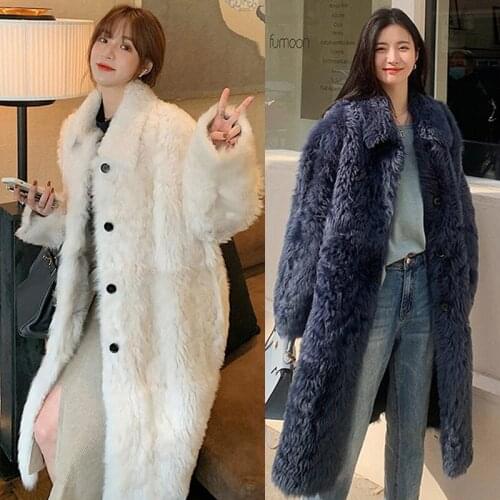Womens young Tuscan lamb coat winter warm fur coat fox fur long casual windbreaker large size jacket