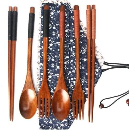 1SET Longming home Japanese Natural Wood for/Fork Handmade Gift With Cloth Pack Hot Sale High Quality LC 002