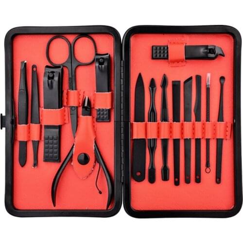1 Set Black Stainless Steel Nail Clipper Cutter Trimmer Scissor Tweezers Knife Ear Pick Grooming Kit Manicure Pedicure Toe Tools