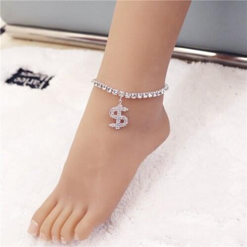2021 Iced Out Crystal Dollar Sign Anklets for Women Bling Rhinestone Chain Ankle Bracelet Beach Barefoot Female Jewelry