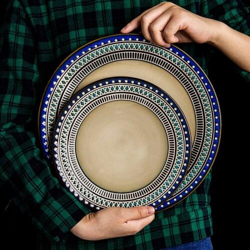 8.5 inches Round Ceramic Steak Food Dish Korean style Retro Tableware Dinner Plate Cup High End Dinnerware