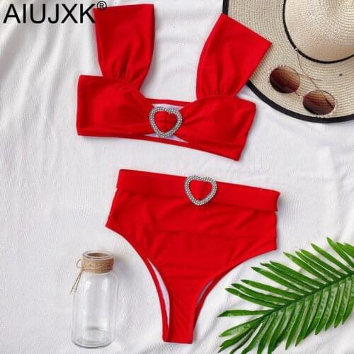 AIUJXK New Arrival 2021 Summer Lingerie Set Women Heart Rhinestone Black Red Swimwear Sexy High Waist Bathing Suit Bra And Panty