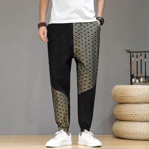 Large size pants mens Chinese style color matching trousers loose harem pants casual fashion male retro pants high quality