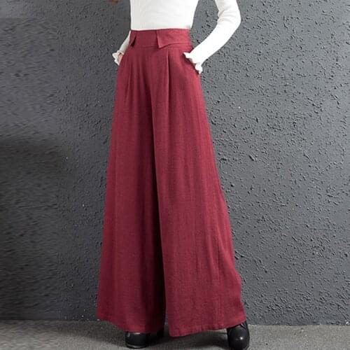 Autumn Spring Women Female Wined Red Black Green High Elastic Waist Wide Leg Linen Trousers , Woman Casual Loose Pants