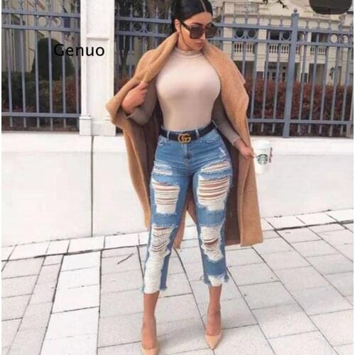 Jeans Womens Fashion Slim High Waist Denim Pencil Pants Summer Sexy Ripped Hole Vintage Calf-Length Jeans