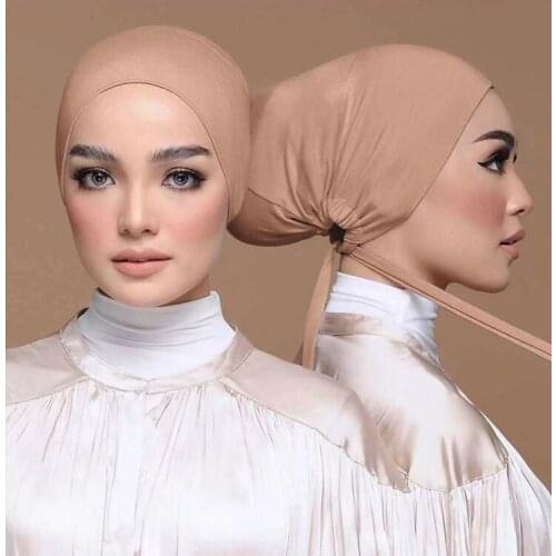 Elastic Inner Hijab Cap With Back Tie Rope Solid Islam Womens Bonnet Modal Jersey Turbanet Plain Muslim Turban Hejab Underscarf
