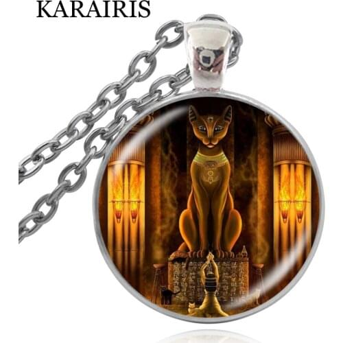 KARAIRIS Handmade Glass Egyptian Lord Necklace Ancient Egyptian Cat Goddess Statue Necklace Unisex Jewelry Amulet Accessories