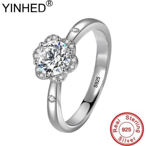 YINHED Elegant Flower Engagement Rings for Women Original 925 Sterling Silver Jewelry 1 Carat CZ Diamond Wedding Ring ZR612