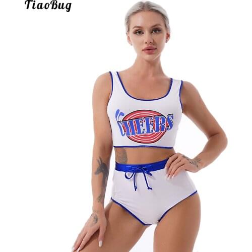 TiaoBug Summer Women 2Pcs Swimming Costume Letter Print Cropped Tank Top With Drawstring Briefs Sets Swimsuit Swimwear