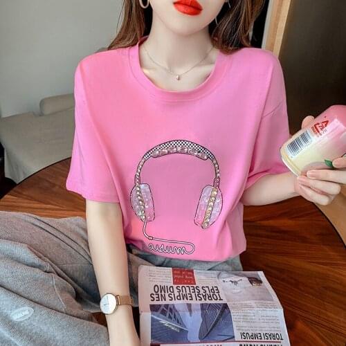 New O-neck Summer Fashion Heavy industry hot drilling Shirt T Shirt Women Tops Loose Short sleeve Women Tshirt 2021 y2k top