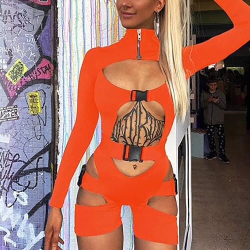 2021new Fashion Ladies Sexy Neon Color Bodysuit Hollow Out Tight-fitting Buckle High-neck Jumpsuit Long-sleeved Playsuit Mujer