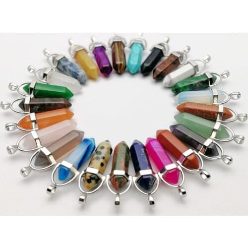 Wholesale 50pcs Assorted Natural Stone Pendants Charms Hexagonal Pointed Healing Reiki Chakra pendant rose suartz opal tiger eye