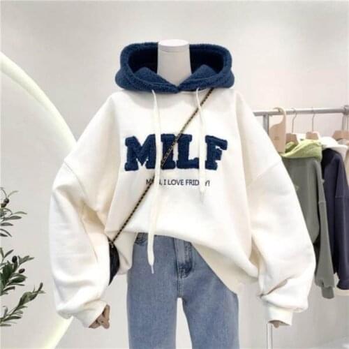 Casual Pullover Women Winter Sweatshirt Patchwork Oversize Hoodies Loose Tops Letter Print Hoodie Cotton Thick Streetwear 2021