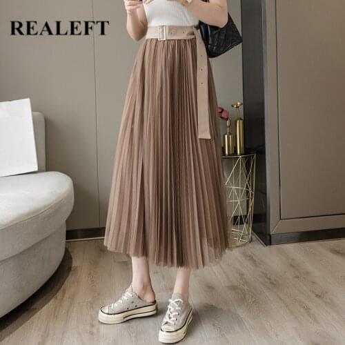 REALEFT New 2021 Vintage Mesh Pleated Womens Tulle Skirts Elegant High Waist Loose Chic Female Umbrella Skirts Spring Summer