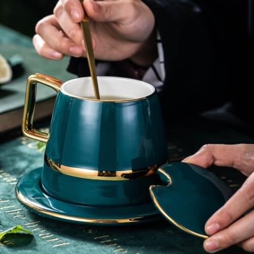 Luxurious nordic style tea set golden ceramic coffee cup set saucer with spoon gift box for household office afternoon tea