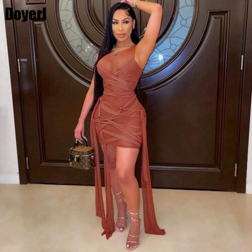 Sexy Bodycon Bandage Dress Women Club Slim Elegant Tank Mini Sheer Mesh Beach Dress Summer See Through Night Party Dress 2021